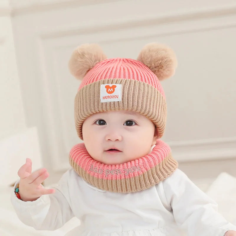 Conjunto de gorro y bufanda de oso para bebé — Gorro de invierno de punto cálido para bebés y niños pequeños
