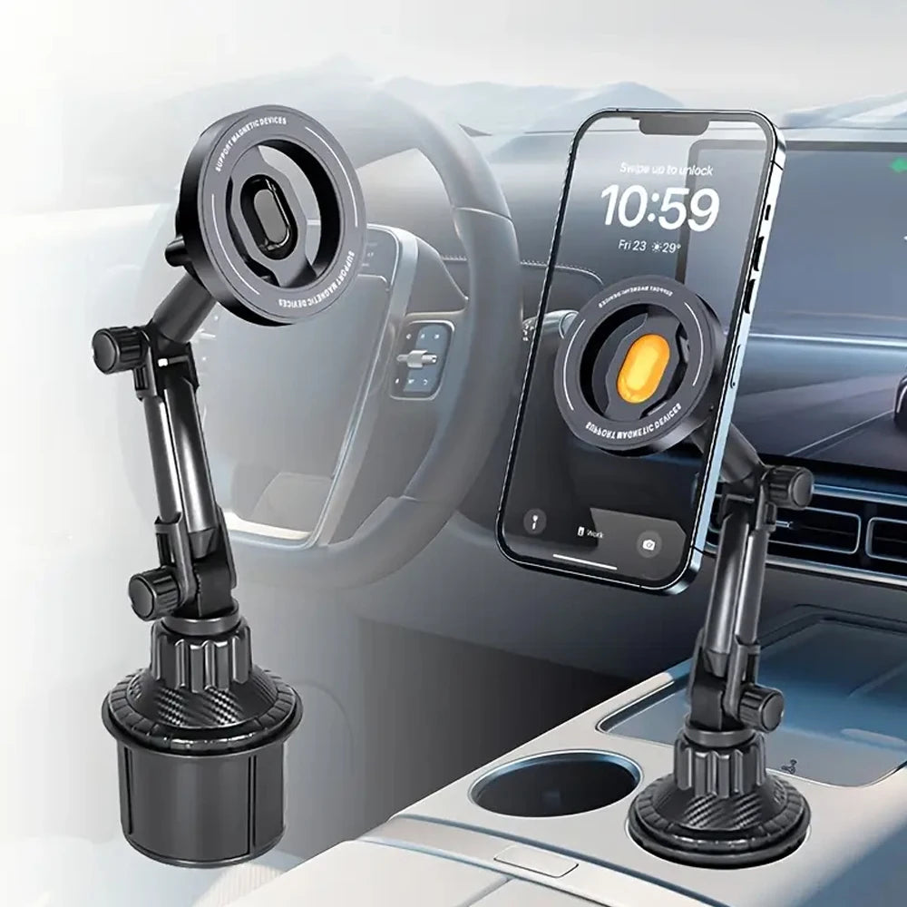 Magnetic Car Phone Mount — 360° Rotation Cup Holder Stand for MagSafe & All Smartphones