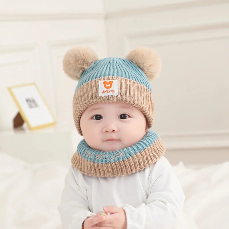 Conjunto de gorro y bufanda de oso para bebé — Gorro de invierno de punto cálido para bebés y niños pequeños