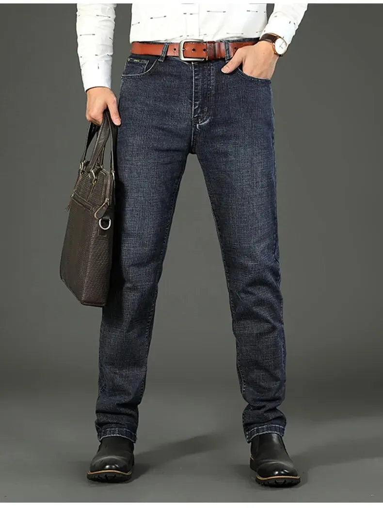 WTHINLEE Men’s Slim Straight Business Jeans — Stretch Denim Casual Work Trousers in Blue & Black