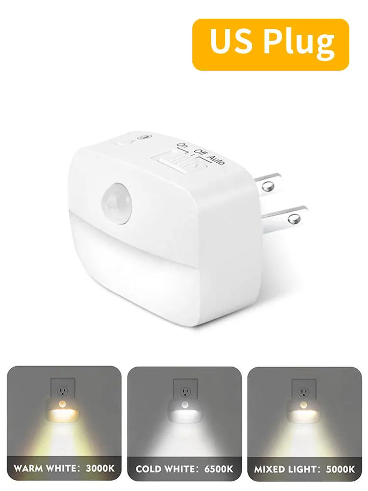 Luz nocturna LED con sensor de movimiento — Enchufable, 3 modos, encendido/apagado automático