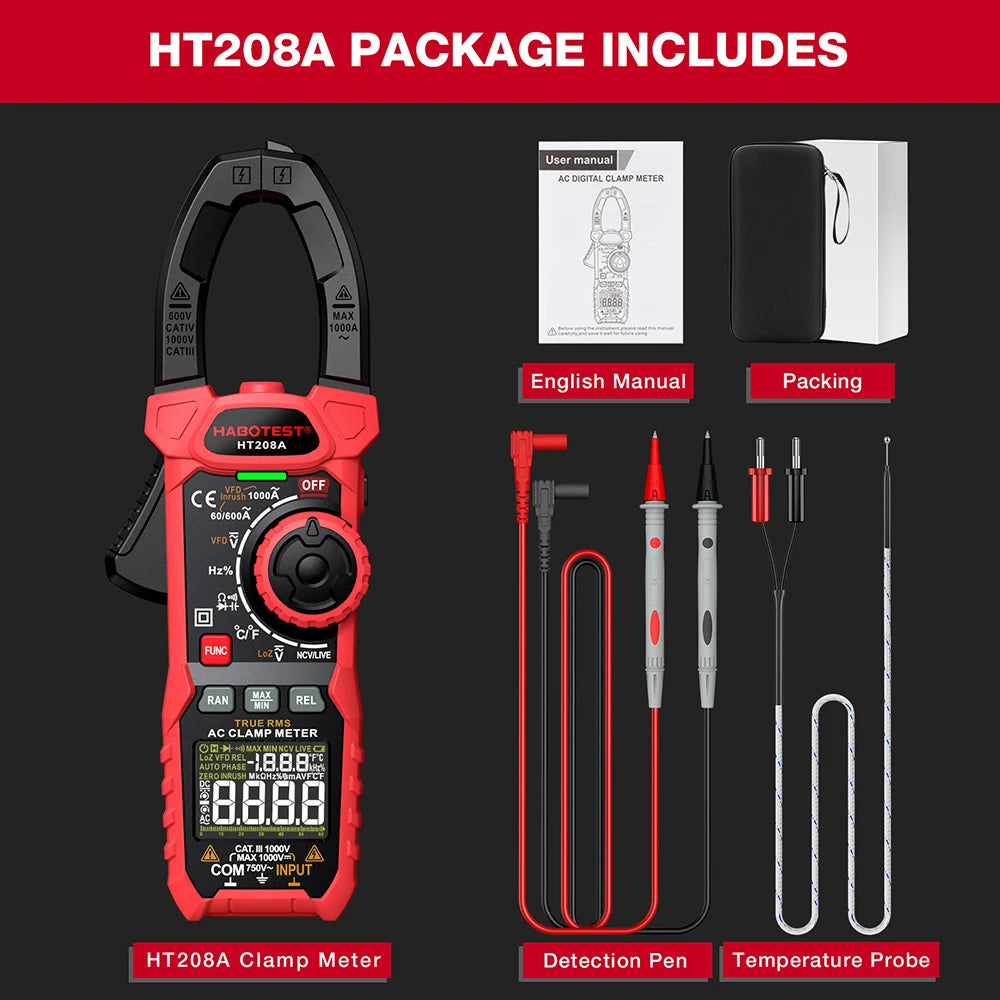 HABOTEST HT208 AC/DC Digital Clamp Meter — True RMS Multimeter with NCV & Capacitance