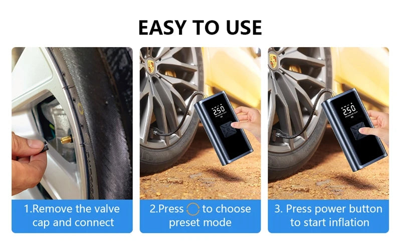 Compresor de aire portátil de 150 PSI para inflar neumáticos — Bomba compacta inalámbrica y con cable para coches, bicicletas y más