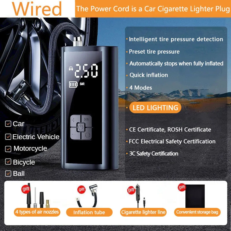 Compresor de aire portátil de 150 PSI para inflar neumáticos — Bomba compacta inalámbrica y con cable para coches, bicicletas y más