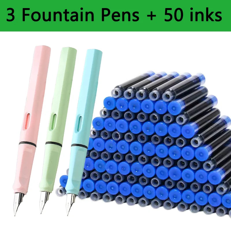 53-Piece Fountain Pen & Ink Refill Set — 3 Pens + 50 Ink Cartridges in Black, Blue & Red