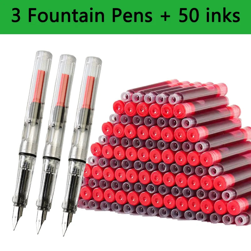 53-Piece Fountain Pen & Ink Refill Set — 3 Pens + 50 Ink Cartridges in Black, Blue & Red