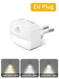 Luz nocturna LED con sensor de movimiento — Enchufable, 3 modos, encendido/apagado automático