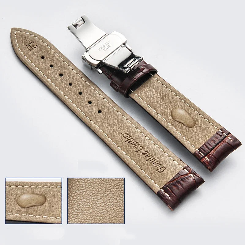 Correa de cuero genuino para reloj con caja de madera — Correa de repuesto con cierre desplegable de 18 mm/20 mm/22 mm