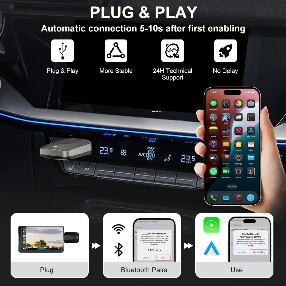 Adaptador inalámbrico para CarPlay y Android Auto — Convertidor Bluetooth Plug & Play para vehículos de 2016 en adelante
