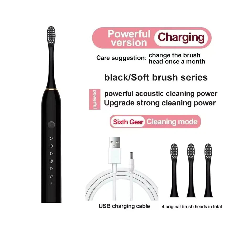 Electric Ultrasonic Toothbrush — 6-Speed Modes, USB Rechargeable, Waterproof Adult Tooth Cleaner