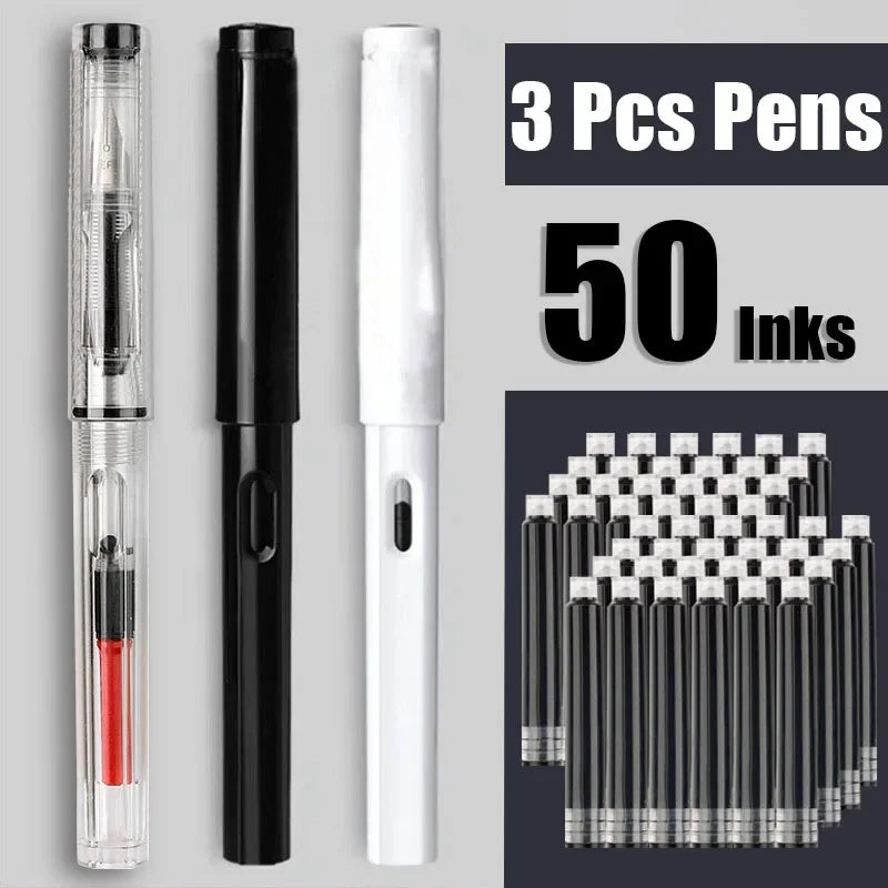 53-Piece Fountain Pen & Ink Refill Set — 3 Pens + 50 Ink Cartridges in Black, Blue & Red
