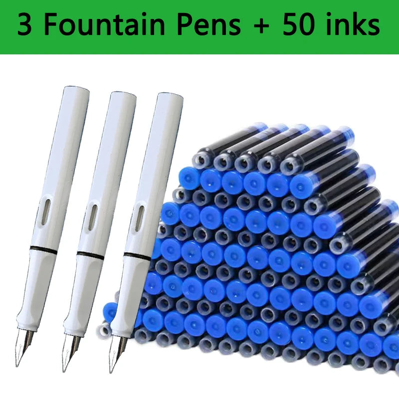 53-Piece Fountain Pen & Ink Refill Set — 3 Pens + 50 Ink Cartridges in Black, Blue & Red