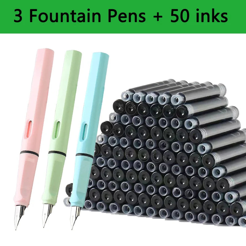 53-Piece Fountain Pen & Ink Refill Set — 3 Pens + 50 Ink Cartridges in Black, Blue & Red