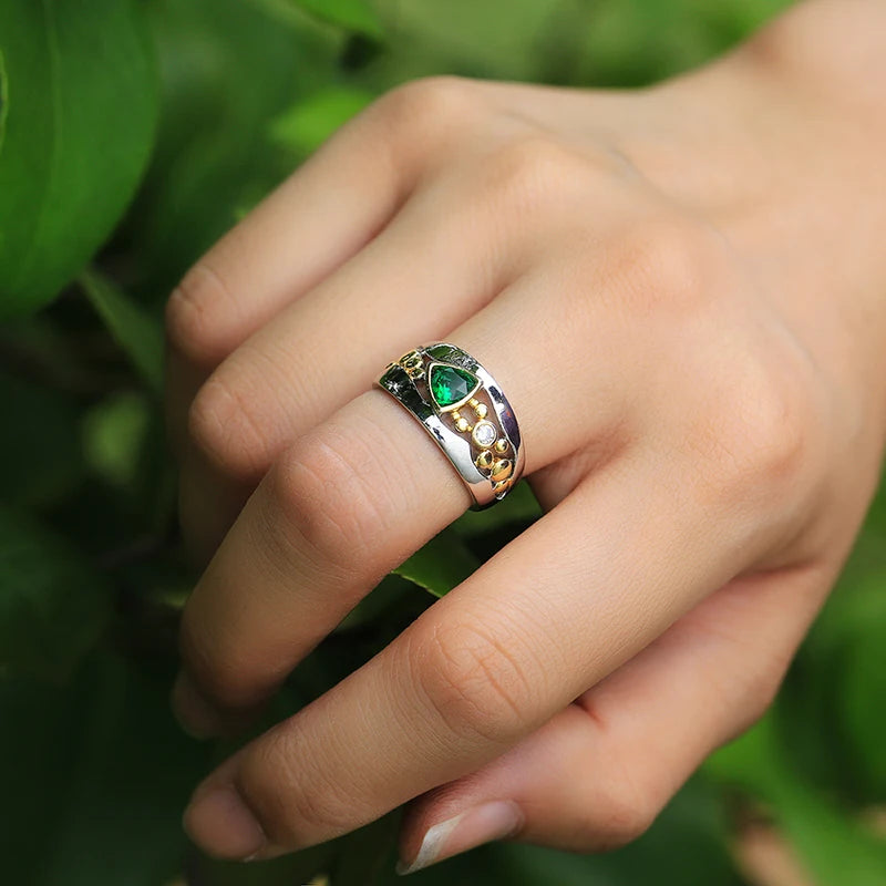 Two-Tone CZ Women's Ring — Blue & Green Geometric Band