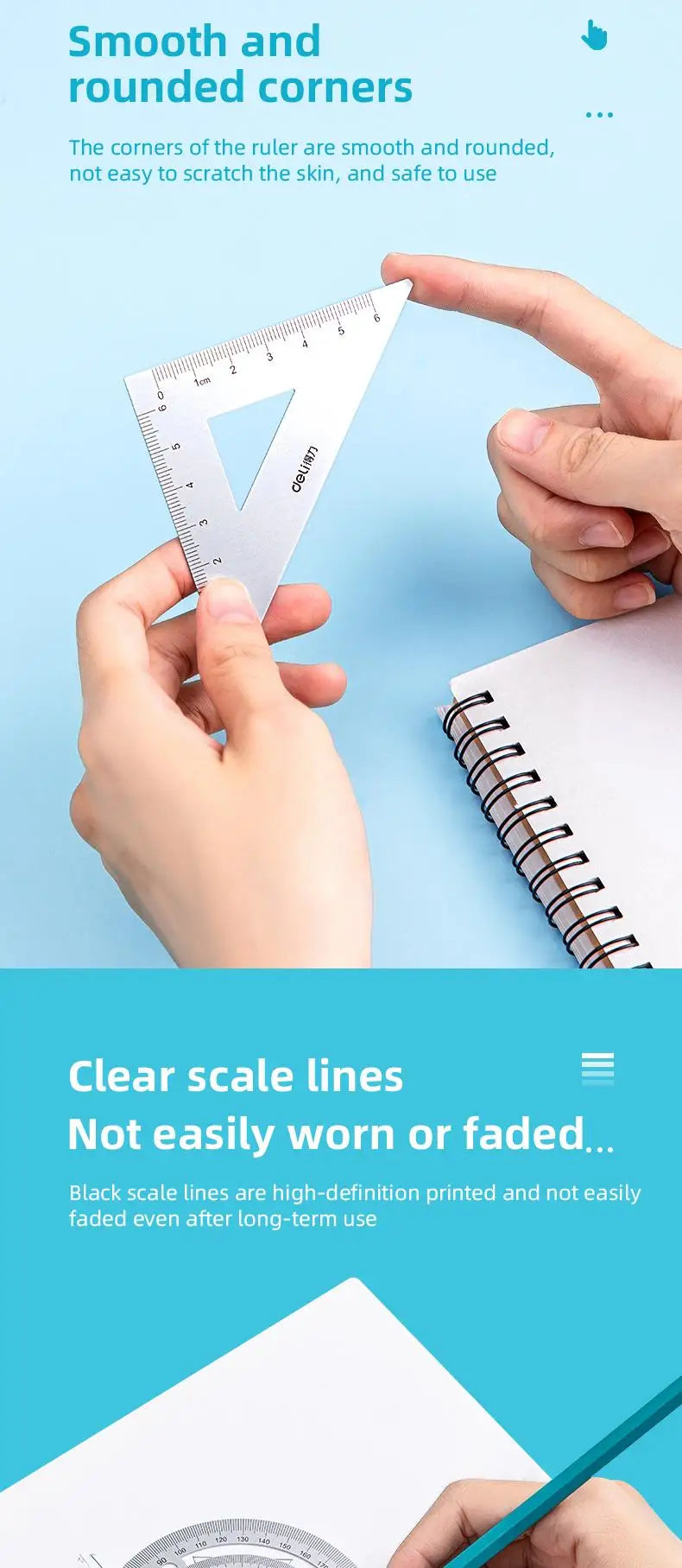 DELI 4-Piece Aluminum Drafting Ruler Set — Straight Ruler, Triangular Ruler & Protractor for School & Office