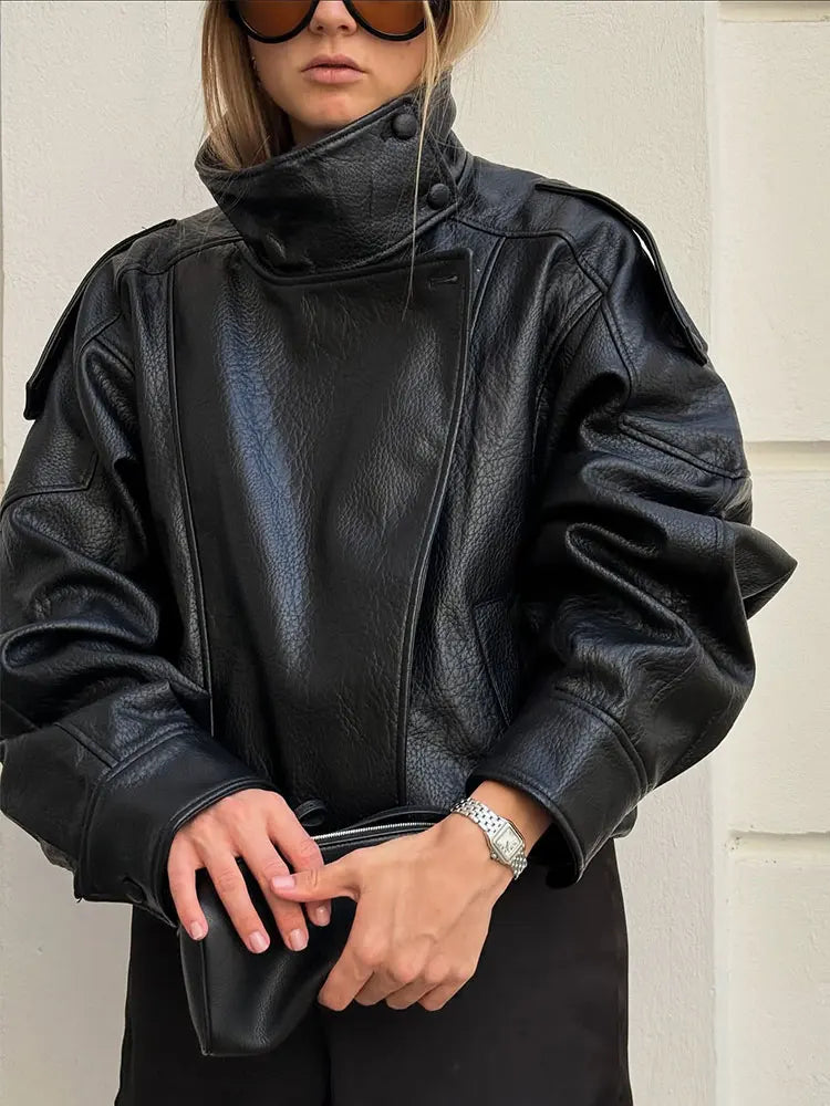 Women’s Faux Leather Zip-Up Jacket — Casual Streetwear Style