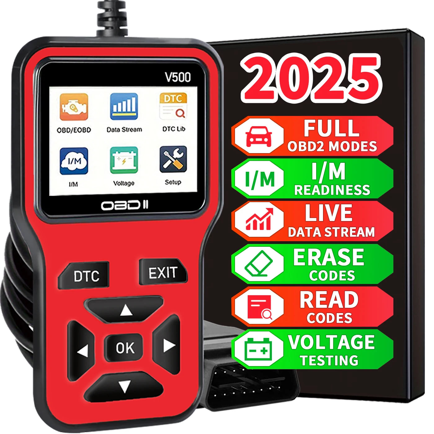 Escáner de diagnóstico de coche Jexiwe V500 OBD2 — Lector de códigos de fallos de motor y comprobador de voltaje