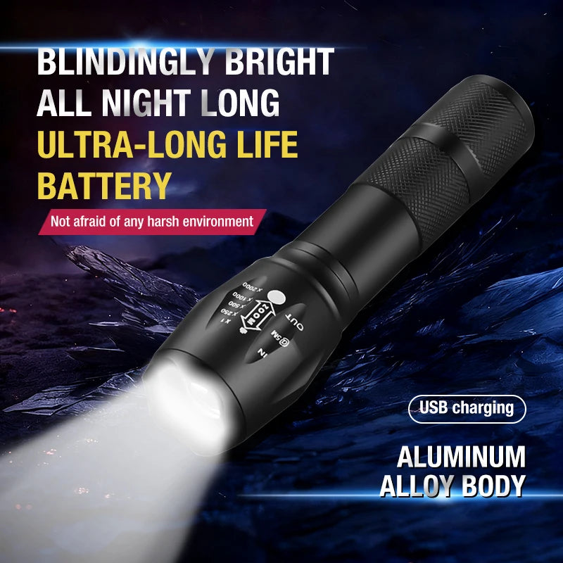 Linterna recargable con zoom T6 LED — Foco telescópico de aleación de aluminio para exteriores