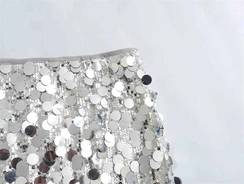 Minifalda de lentejuelas plateadas — Falda de fiesta Y2K brillante de talle alto