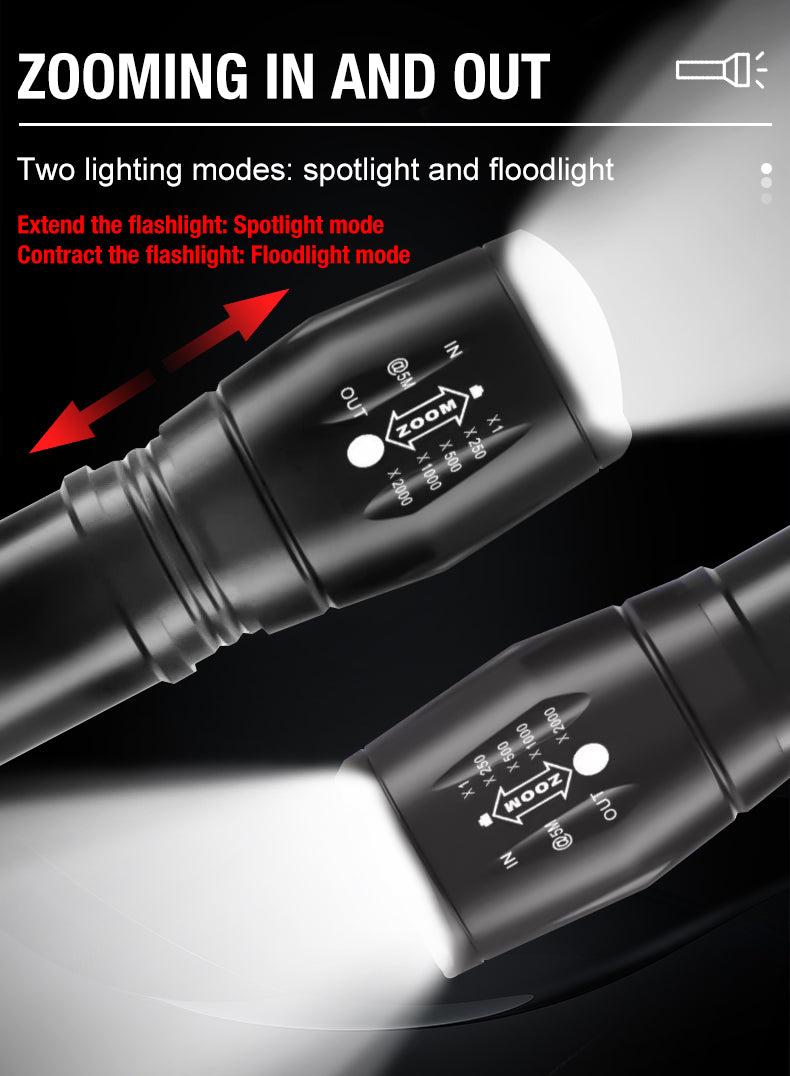 Linterna recargable con zoom T6 LED — Foco telescópico de aleación de aluminio para exteriores